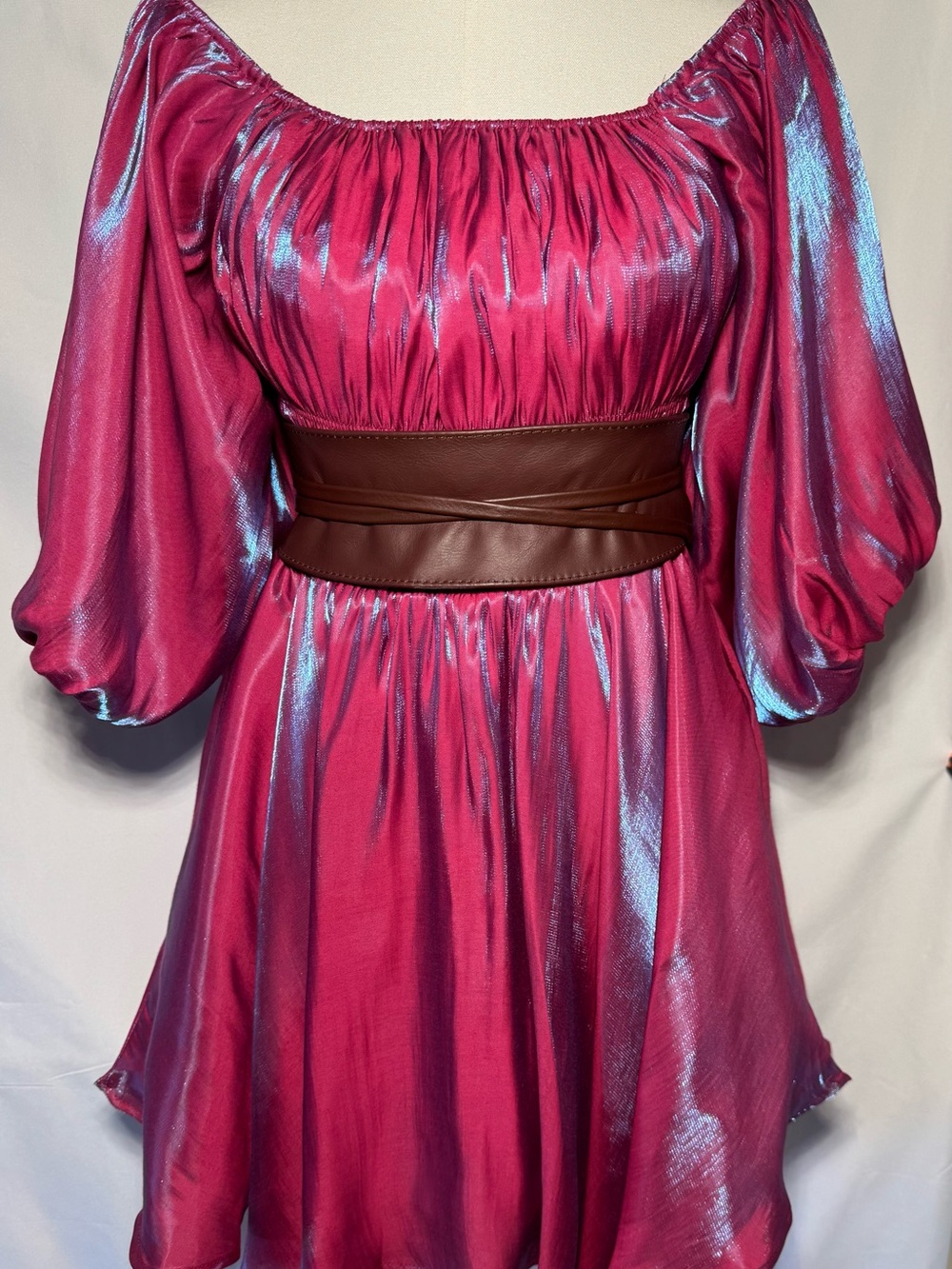 Altar'd State Shimmery Raspberry Off-Shoulder Puff-Sleeve Dress - Picture 10 of 10